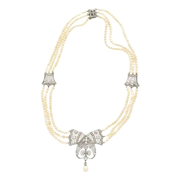 Early 20th Century Edwardian Gia Certified Saltwater Pearl & Old Euro Cut Diamond Necklace For Sale