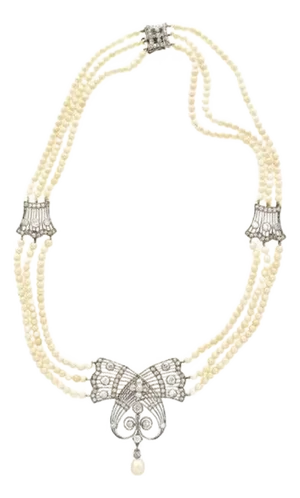 Early 20th Century Edwardian Gia Certified Saltwater Pearl & Old Euro Cut Diamond Necklace