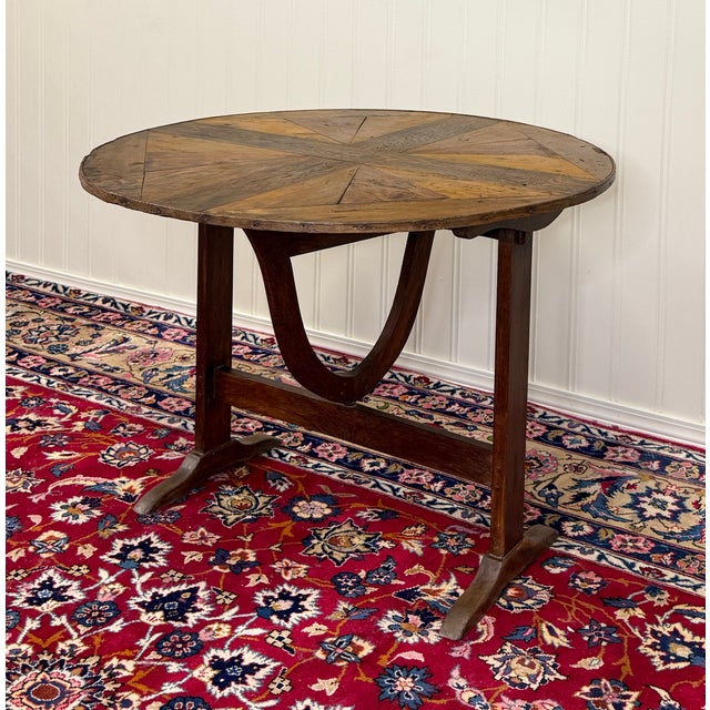 Antique French Vendage Round Flip Top Gateleg Wine Table Oak Trestle Feet c.19th For Sale - Image 9 of 18
