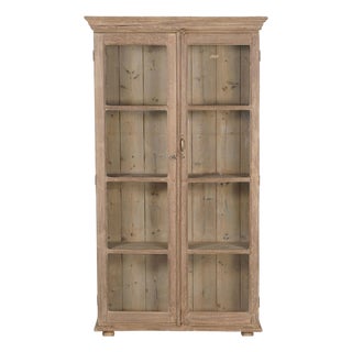 Antique Indian Glass Armoire | Four Shelf Wood Cabinet| Vintage Teak Display Cabinet | Wabi Sabi Decor For Sale