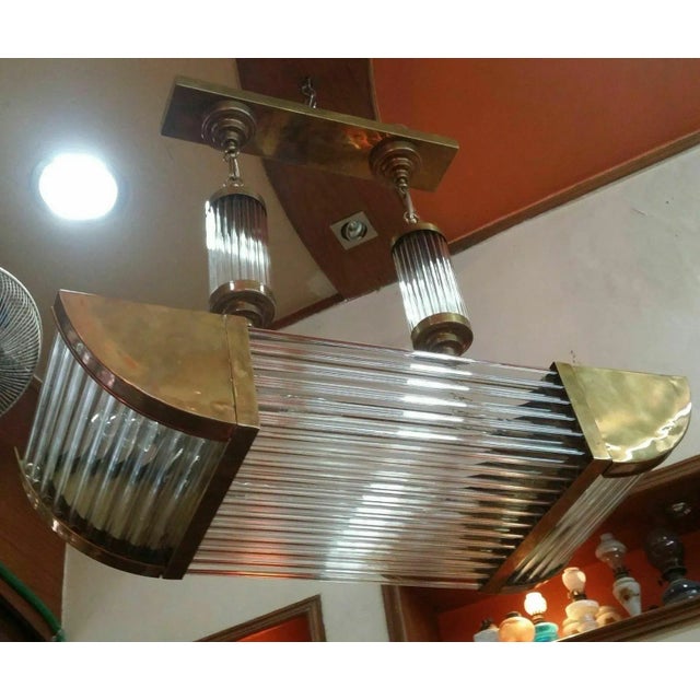 Metal Vintage Art Deco Skyscraper Rod Ship Light Chandelier Fixture in Brass & Glass For Sale - Image 7 of 7