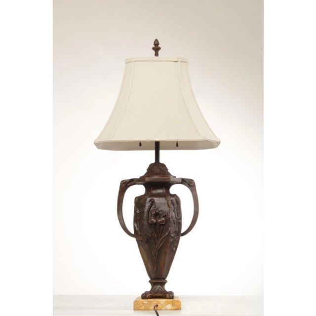 Antique French Art Nouveau Patinated Metal Table Lamp For Sale - Image 4 of 12