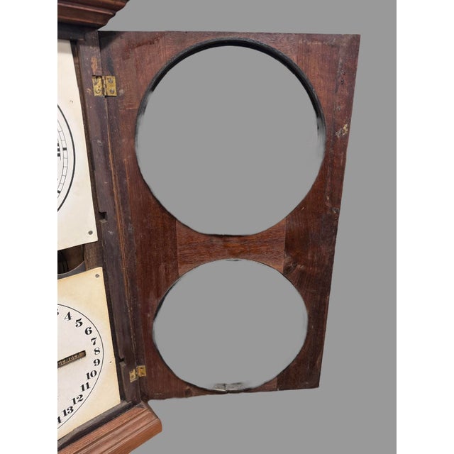 Antique Victorian Walnut Ithaca Double Dial Calendar Clock For Sale - Image 10 of 12