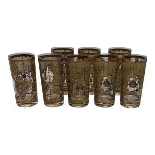 Vintage Mid-Century Modern Cera Highball Glasses With Old World Maps and 22kt Embellishments- Set of 8 For Sale