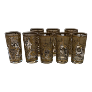 Vintage Mid-Century Modern Cera Highball Glasses With Old World Maps and 22kt Embellishments- Set of 8