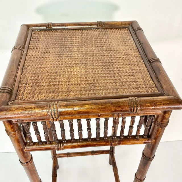 1980s Vintage Coastal Boho Chic Wicker Top & Faux Bamboo Plant Stand For Sale - Image 11 of 11