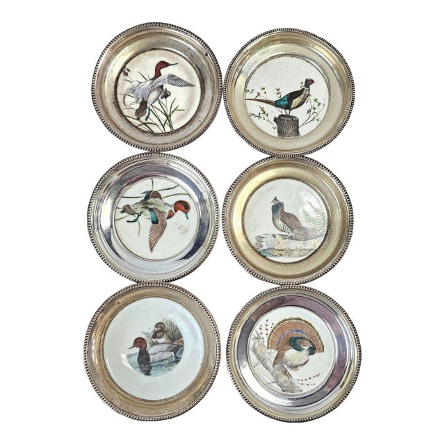 1950s Frank Whiting Sterling Silver and Porcelain Game Bird Coasters by Dennis Puleston - Set of Six For Sale