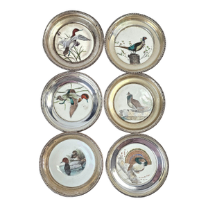 1950s Frank Whiting Sterling Silver and Porcelain Game Bird Coasters by Dennis Puleston - Set of Six