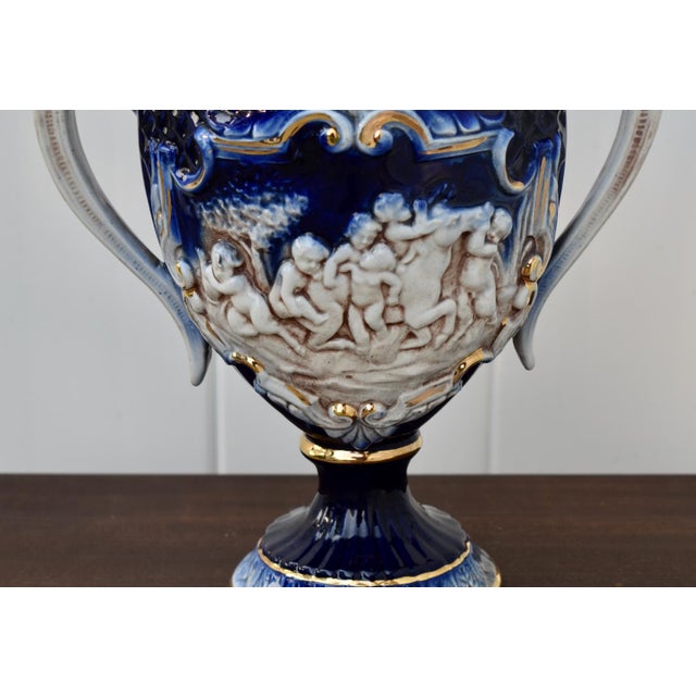 1970s Italian Ceramic Lidded Urn Capodimonte Cobalt Blue Gold Relief Cherubs 70s For Sale - Image 5 of 16