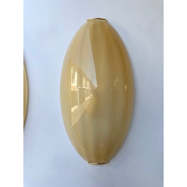 Metal Contemporary Pair of Yellow Gold Leaf Murano Glass and Brass Sconces, Italy For Sale - Image 7 of 11