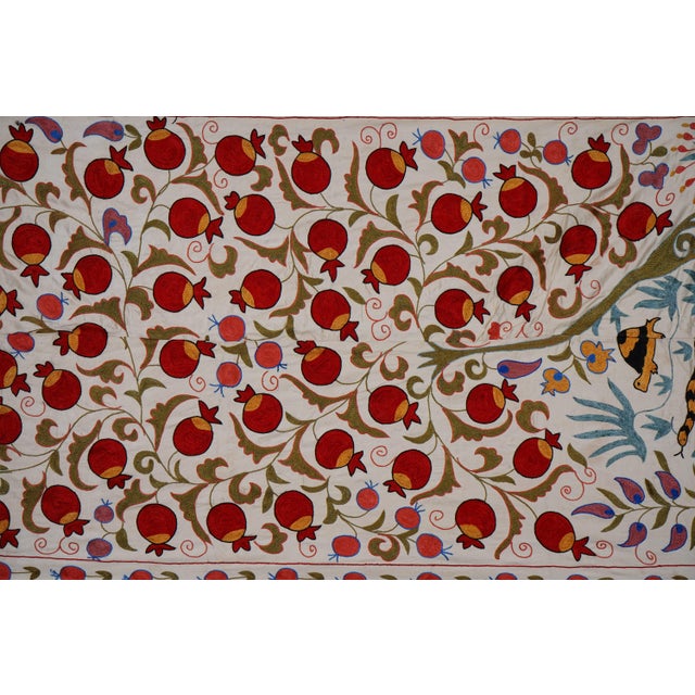 Beige Uzbek Suzani Embroidered Wall Hanging – Pomegranate, Horse Boho Textile 3'4'' X 6'2'' For Sale In New York - Image 6 of 12