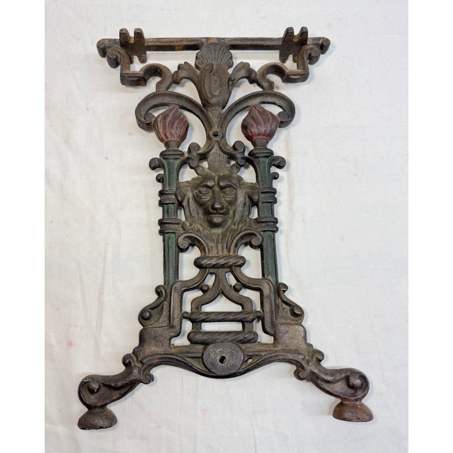 19th Century Antique Ornate 1800's Victorian Cast Iron Lion Head Cold Painted Table Bench Leg For Sale - Image 5 of 9