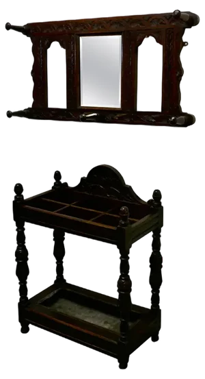 Victorian Carved Oak Stick Stand & Matching Mirror Set, 1860, Set of 2