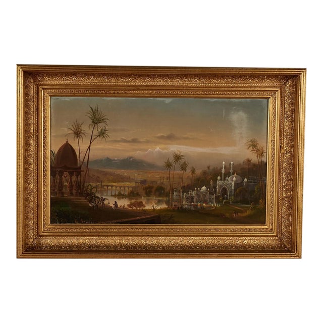 Antique Painting of an India Landscape With a Temple by Daniel C. Grose For Sale