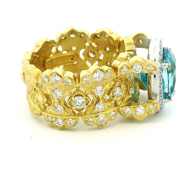Stambolian 18k Gold Blue Zircon and Diamond Cocktail Ring, Size 8.75 For Sale - Image 4 of 14
