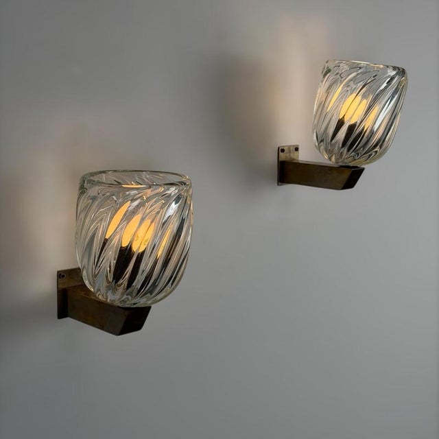 Mezzo Diamante Murano Glass Sconces attributed to Carlo Scarpa for Venini, 1940s, Set of 2 For Sale - Image 3 of 18