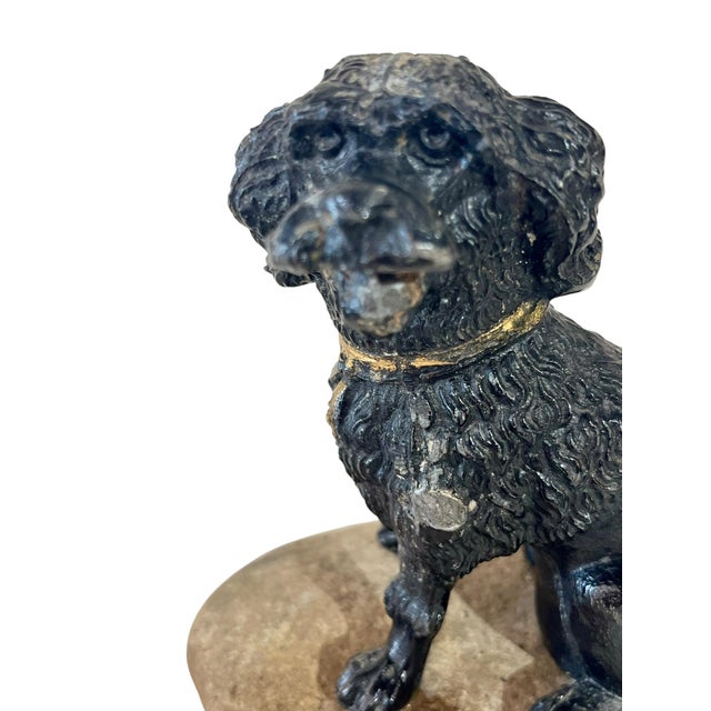 Antique French spaniel or poodle dog. Dog is black painted lead figure with gold collar. He is glued to a stone. Sourced...