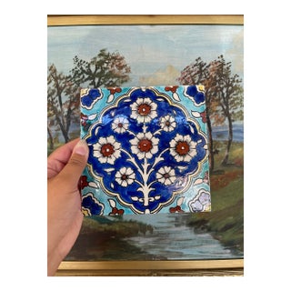 Hand-Painted Glazed Ceramic Tile With Ottoman Floral Motif in Cobalt and Turquoise. For Sale