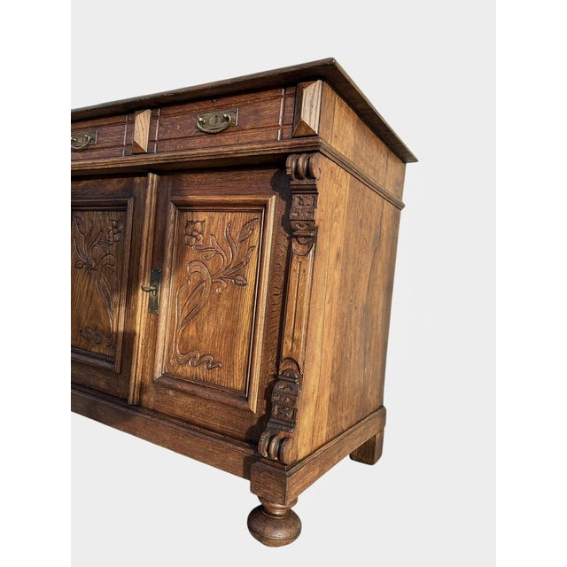 Antique French Art Nouveau Oak Buffet with Floral Details, 1890s For Sale - Image 6 of 12