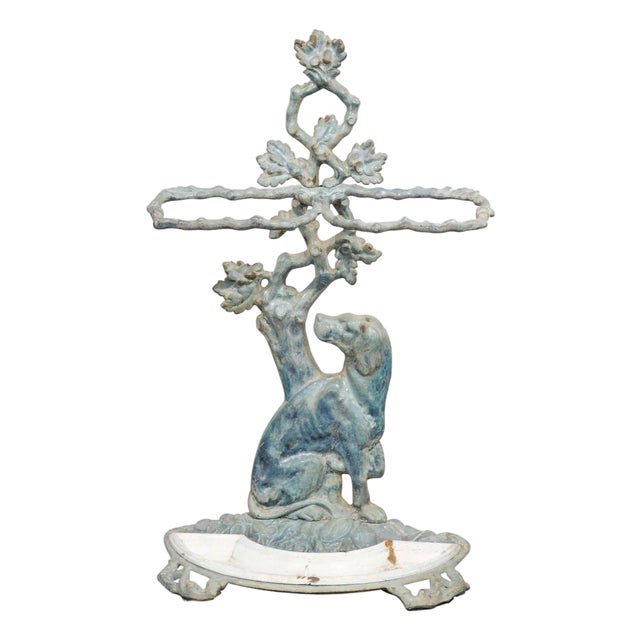 French 1900s Cast Iron Umbrella Stand Depicting a Dog Sitting in Front of a Tree For Sale