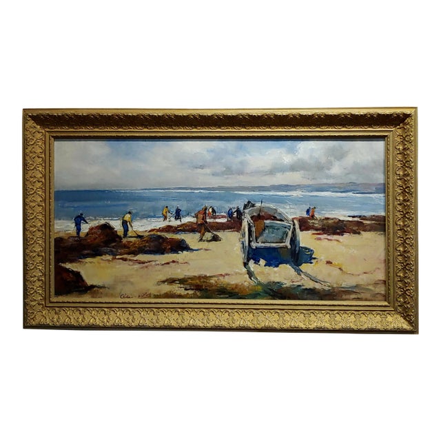 Cesar Vilot -Workers Cleaning a Beach-Oil Painting C1930s For Sale
