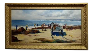 Cesar Vilot -Workers Cleaning a Beach-Oil Painting C1930s