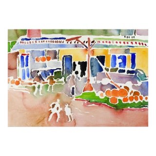 Late 20th Century Abstract Cityscape Watercolor Painting For Sale