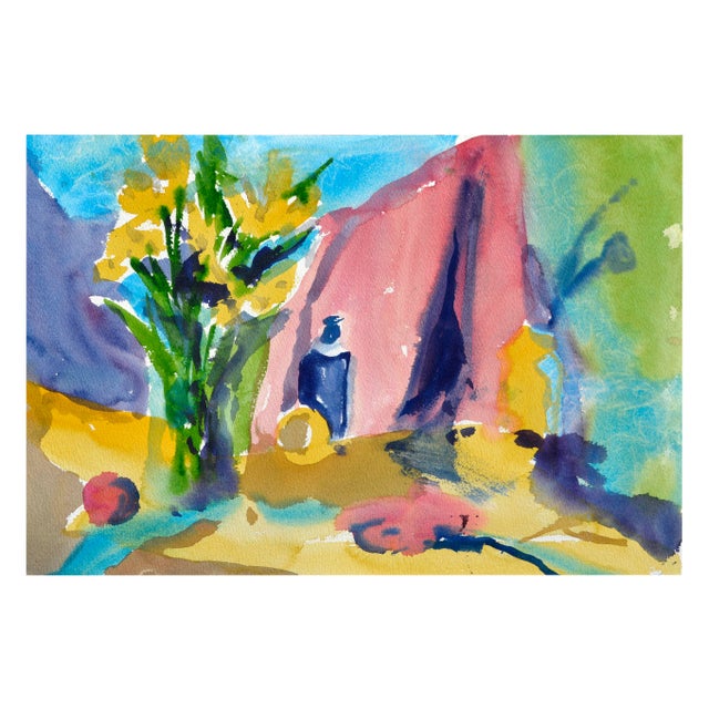 Original Watercolor of Abstracted Barn, Figure and Tree For Sale