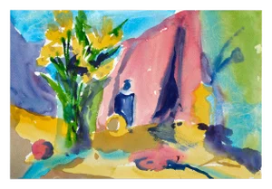 Original Watercolor of Abstracted Barn, Figure and Tree