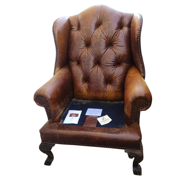 Burnt Umber Vintage Zagaroli Chesterfield Hairy Claws Wingback Leather Chair & Ottoman For Sale - Image 8 of 12