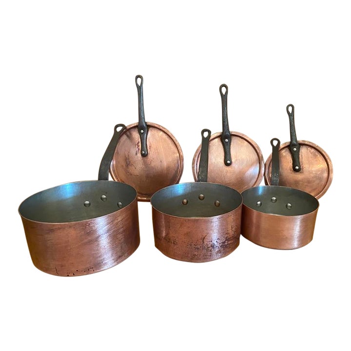 Mid 20th Century Tournus French Copper Pans, 3 Nesting Pans & 3 Lids Set of 6 Chairish