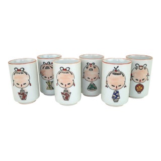 Ceramic Kokeshi Themed Otagiri Japanese Sake Cups, Set of 6 For Sale