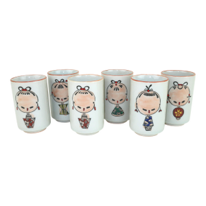 Ceramic Kokeshi Themed Otagiri Japanese Sake Cups, Set of 6