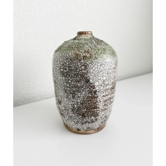 Mid-Century Modern 1970s Raku Crackle Glaze Vase With Green Drip Glaze For Sale - Image 3 of 10
