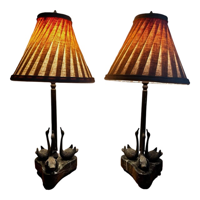 Theodore Alexander Vintage Pair of Bronze & Marble Swan Table Lamps For Sale