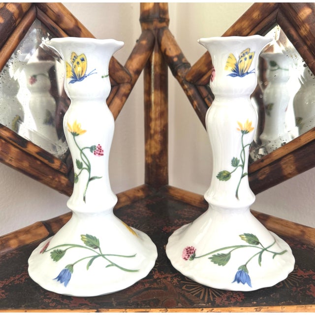 English D Porthault Limoges Porcelain Hand Painted Candleholders For Sale - Image 3 of 11