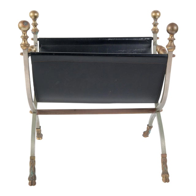 Steel, Brass & Leather Maison Jansen Style Magazine Stand For Sale
