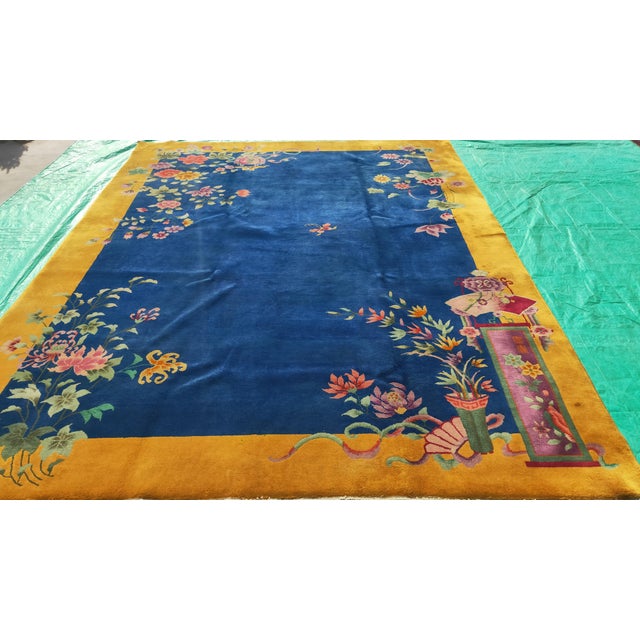 1920s Chinese Art Deco Carpet ( 8'9" x 11'4" - 267 x 345 ) Hand Knotted Pile 1920s Antique Floral Wool Blue Rectangle Rug,...