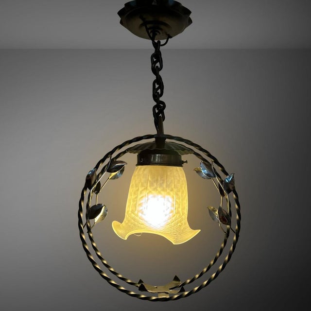 Swedish Modern Wrought Iron Pendant Lamp with Organic Leaf Decor, 1940s For Sale - Image 4 of 11
