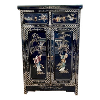 Black Lacquer Chinoiserie Cabinet With Soapstone Relief For Sale