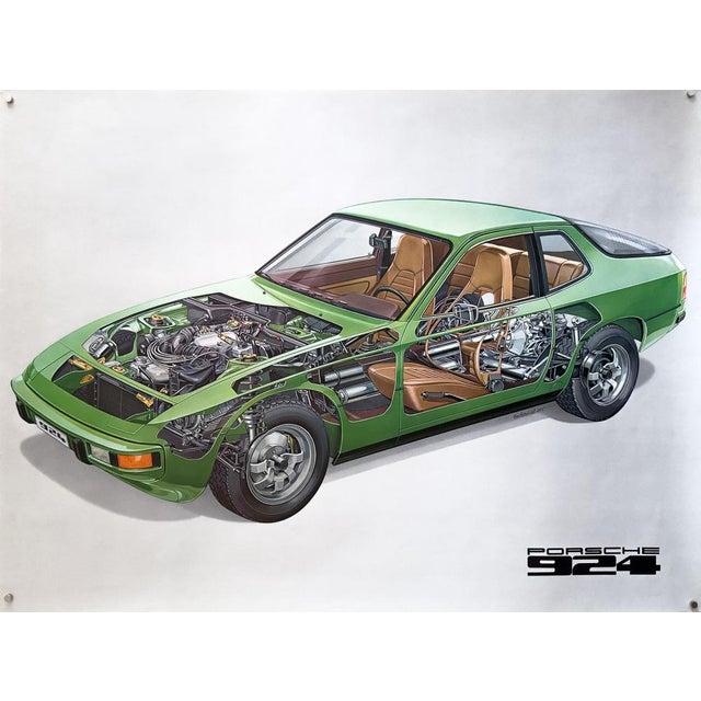 The Piece This original vintage poster features a detailed technical cutaway illustration of the Porsche 924. Rendered in...