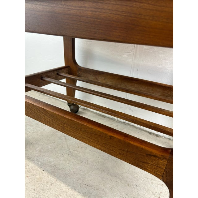 Brown Mid Century Modern End Table With Black Vinyl Top and Wheels For Sale - Image 8 of 12