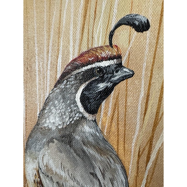 A vertically oriented contemporary painting featuring a stylized desert bird perched amid organic, sculptural forms and...