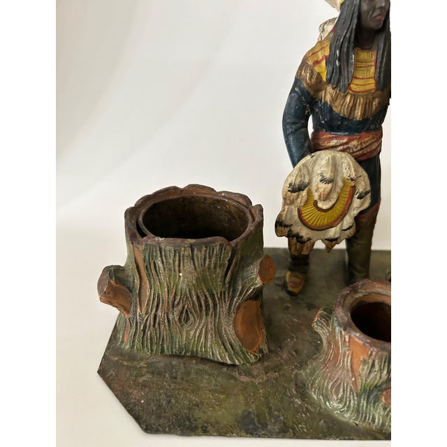 1900 - 1909 Antique Figural Native American Cold Painted Spelter Smoking Desk Set For Sale - Image 5 of 10