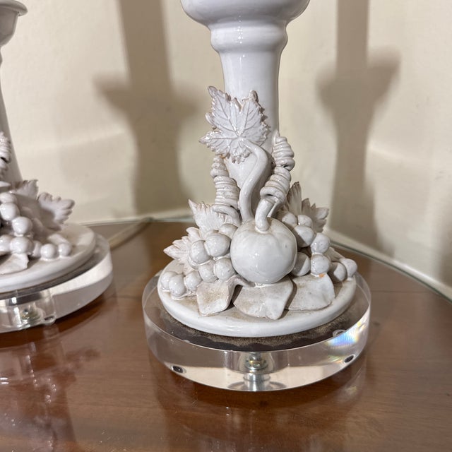 Italian Vintage Italian White Ceramic Fruit Candlestick Table Lamps Acrylic Lucite Base - a Pair For Sale - Image 3 of 7
