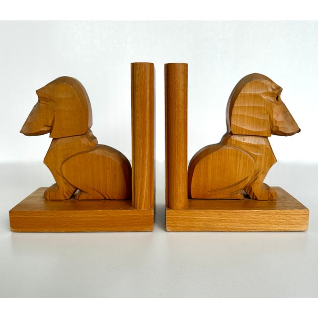 Folk Art Pair of Swiss Handcrafted Wooden Dachshund Book Ends For Sale - Image 3 of 12