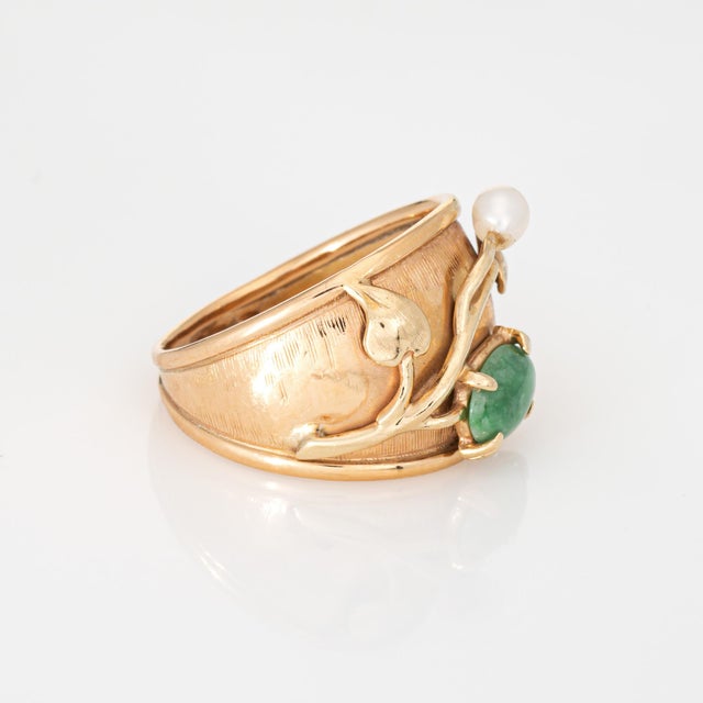 1970s 70s Vintage Jade Pearl Leaf Ring Sz 9 Wide Cigar Band Estate Fine Jewelry For Sale - Image 4 of 7