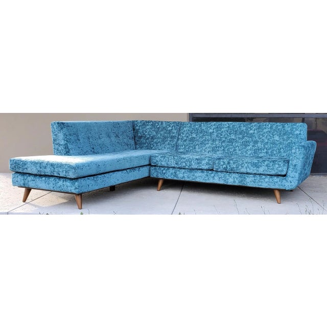 Wood 1990s Low Slung Style Sectional Tapered Legs Aqua Green Crushed Velvet Upholstery - Set of 2 For Sale - Image 7 of 12