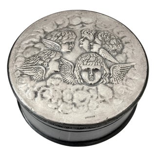 Art Nouveau Style Sterling Silver & Leather Box With Cherub Repousse Lid, 1993 For Sale