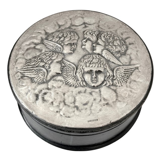Art Nouveau Style Sterling Silver & Leather Box With Cherub Repousse Lid, 1993 For Sale